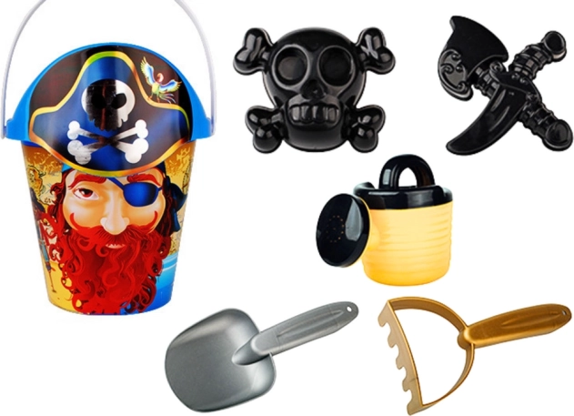 Piratenset für den Sand – Eimer, Gießkanne, Siebdeckel und Förmchen (6-teilig)