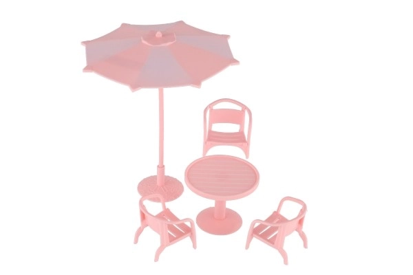 Meubles pour poupées/table et chaises avec parasol en plastique 3 couleurs sur carte 18x25x5cm