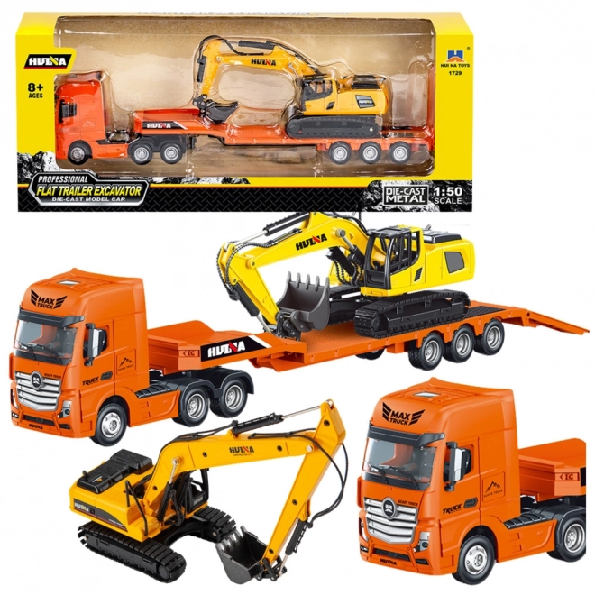 Modell eines Lastwagens mit Anhänger und Bagger Huina 1:50
