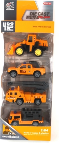 Set aus Metall-Baufahrzeugen 1:64 – 4 Stk., mit Aufziehantrieb
