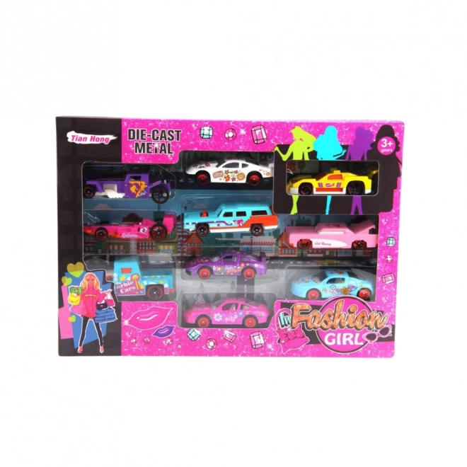 Set van metalen autootjes voor meisjes roze 10 stuks