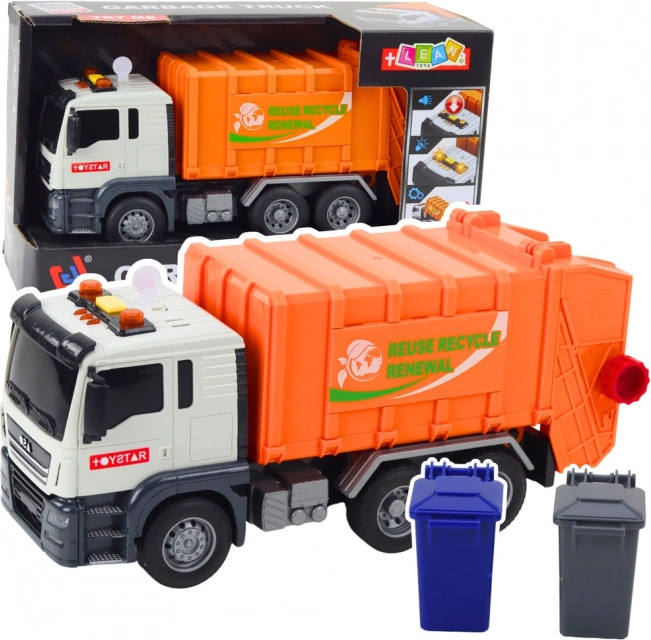 Garbage truck with lights and sounds, orange, 1:14