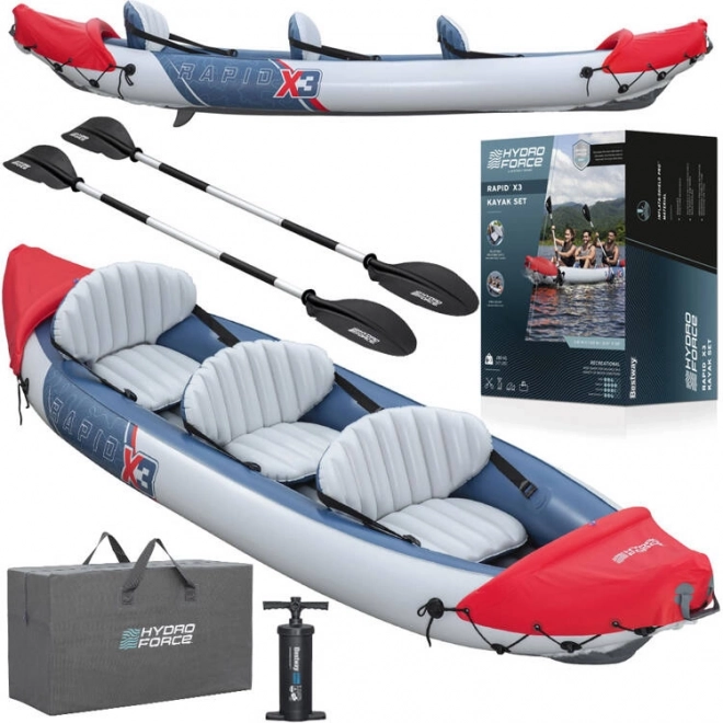 Opblaasbare kajak met dubbele wand Bestway Rapid X3 voor 3 personen met peddels en tas