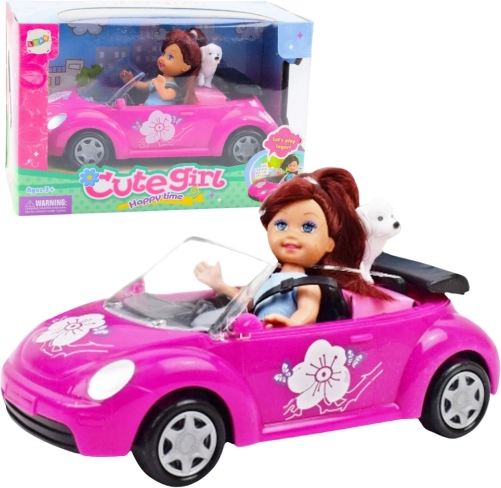 Mini-Puppe mit rosafarbenem Cabrio und Hündchen