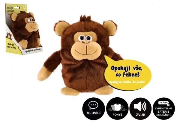Aapje Tonička zinnen herhalend pluche 18cm op batterijen met geluid in doos 12x20x10cm in zak