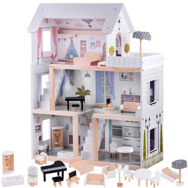 Houten poppenhuis met LED-verlichting in Boho-stijl 78 cm
