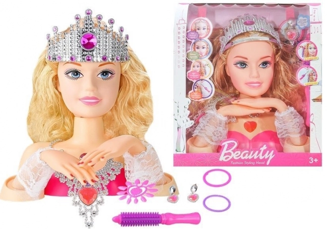 Tête de poupée stylée avec couronne + accessoires