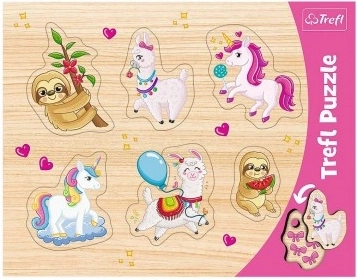 Houten inlegpuzzel TREFL – eenhoorns, lama’s en luiaards