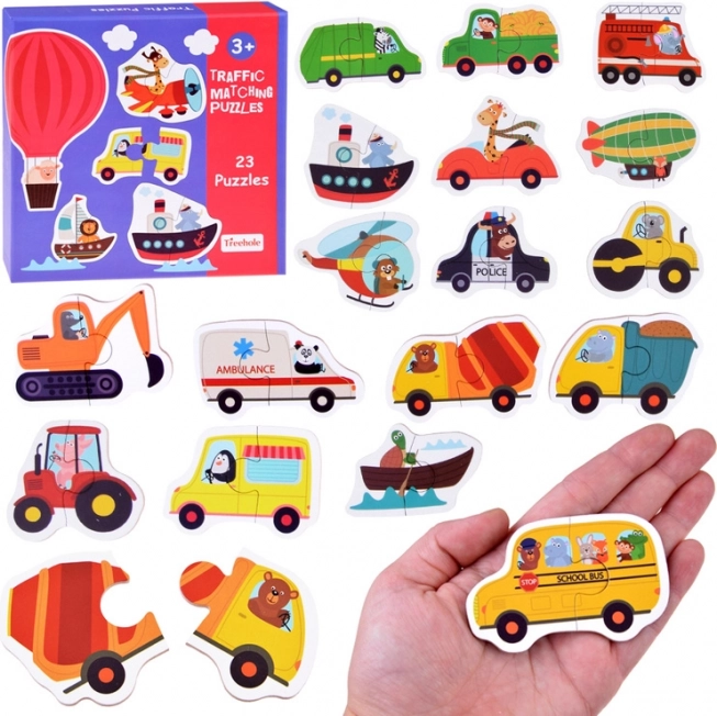 Kinderpuzzel Dierenvervoer – 23 educatieve tweedelige puzzels met voertuigen