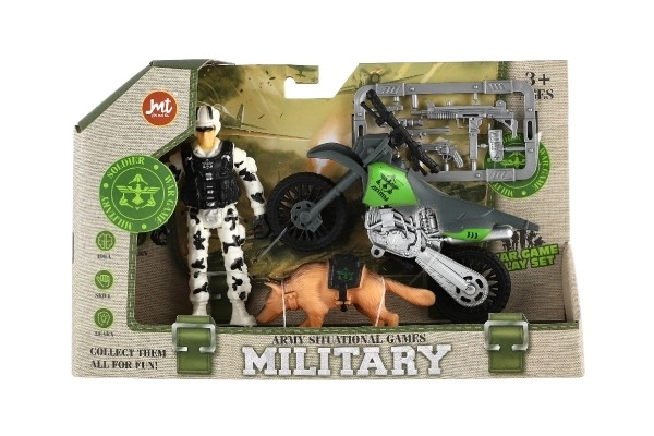 Militaire set plastic motorfiets, soldaat, hond met accessoires in doos 23x14x4cm