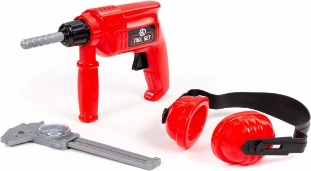 Set d’outils pour enfants – perceuse rouge, protège-oreilles et pied à coulisse