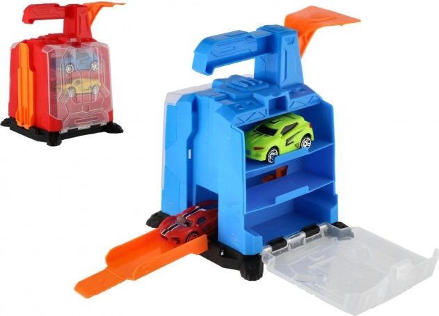 Garage en plastique avec mécanisme de lancement et 2 petites voitures