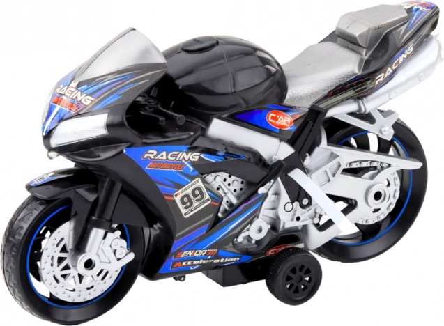 Zwart-blauwe race motorfiets met licht- en geluidseffecten