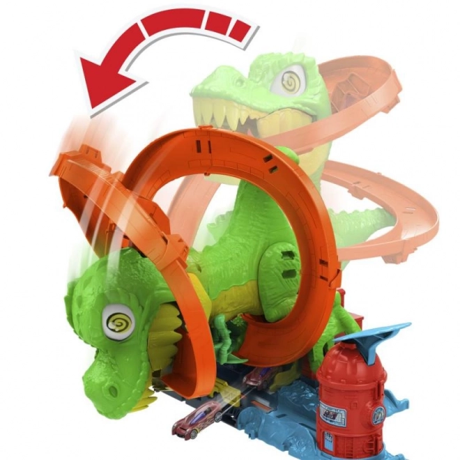 T-rex attacks the fire station from Hot Wheels city