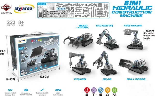 6-in-1 Construction Machinery Kit with Water Hydraulic Drive, 223 Pieces, for Kids 8+