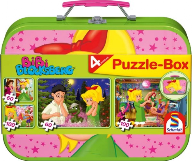 Puzzel Kleine Heks Bibi 4-in-1 in metalen koffertje (60, 60, 100, 100 stukjes) SCHMIDT