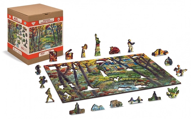 Houten puzzel huisje in het bos 2v1