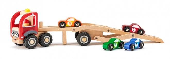 Houten vrachtwagen met 4 raceautootjes