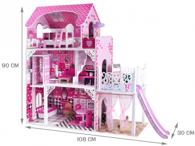 Großes Holzpuppenhaus mit Rutsche, Pool und LED-Beleuchtung