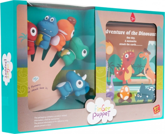 Set of 5 rubber dinosaur finger puppets with a soft book, 3+, waterproof