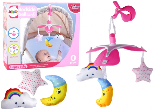 Rosa Clip für Babybett mit himmlischem Mobile für Kinder