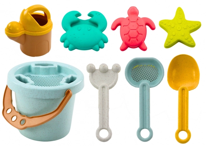 Set voor zand Emmertje Schepje Harkje Zeef Vormpjes Pastel