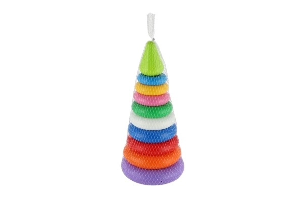 Puzzelpiramide met ringen kunststof 2 kleuren in net 15x31cm 12m+