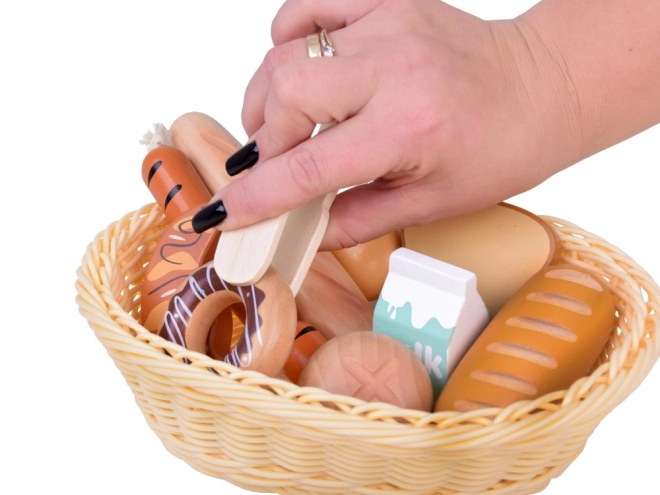 Holzkörbchen mit Backwaren und Frühstückslebensmitteln, 11-teiliges Set