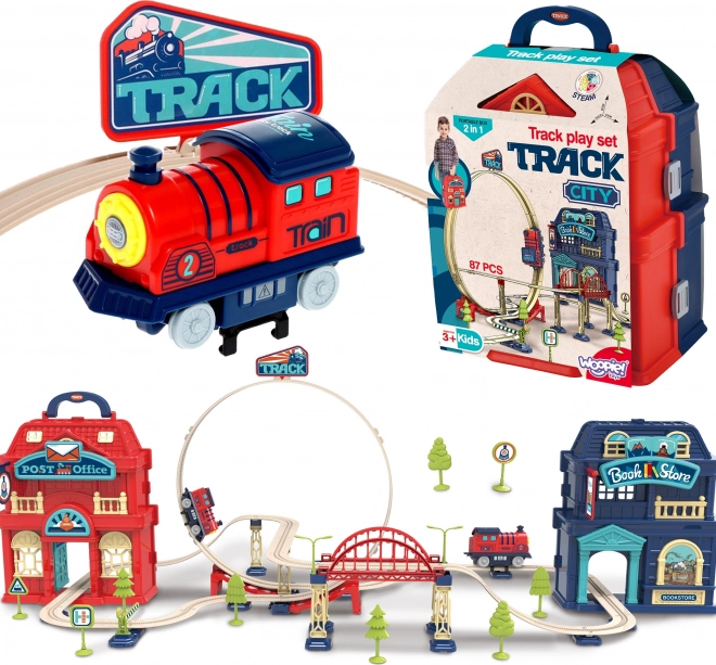 Woopie electric 2-in-1 train set foldable into a suitcase, 87 pieces, length 3.5 m