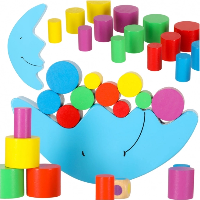 Jeu d’équilibre Montessori lune en bois avec dé en blocs colorés