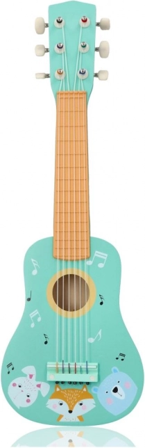 Houten kindergitaar met dieren, turquoise