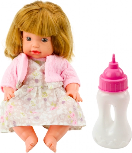Poppenbaby met Flesje voor Voeding in Roze Jurk met Geluiden 30 cm