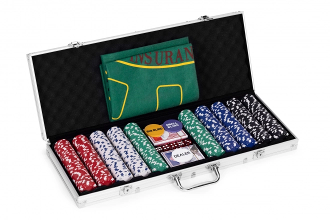 Poker- en blackjackset – 500 fiches, 2 kaartspellen, dobbelstenen, speelmat, afsluitbare koffer