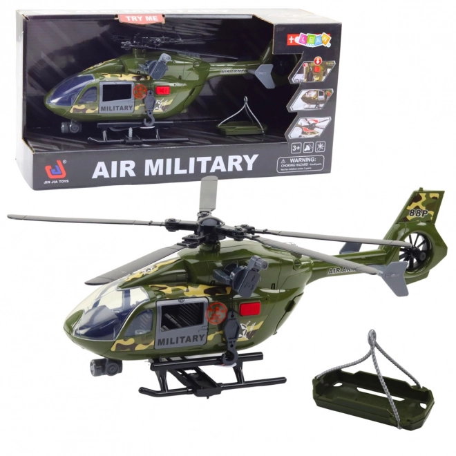 Militaire helikopter met schijnwerpers en geluiden
