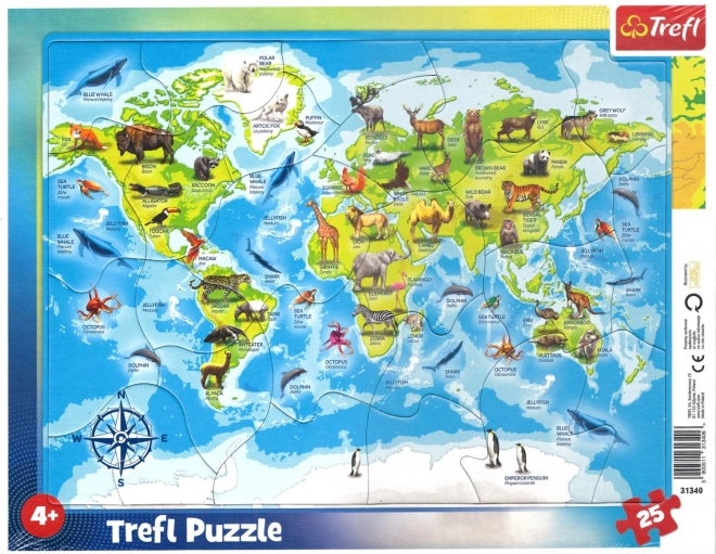 TREFL Puzzel Wereldkaart met dieren 25 stukken