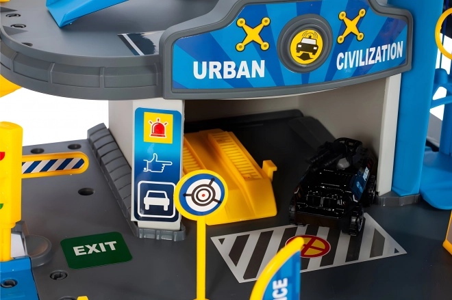 Garage politiebureau, 3 niveaus met lift, auto's + helikopter, 74 stuks