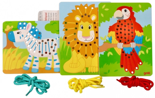 Houten rijgspeelgoed Goki - Papegaai, Leeuw en Zebra