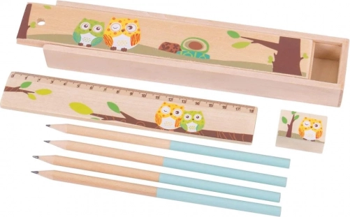 Holzmäppchen mit Eulen Bigjigs Toys – blau