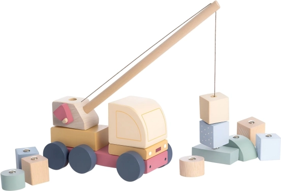 Cubika pastelgekleurde autokraan met magneet – houten puzzel 14 delen