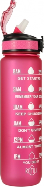 Bouteille d’eau Tritan 1 L avec paille et repères motivationnels – Rose