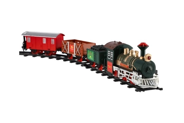 Trein + 3 wagons met rails 8 stuks op batterijen met geluid en licht in doos 41x28x6cm