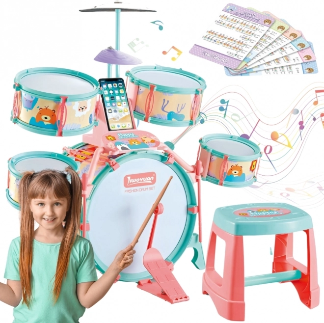 Woopie children's educational drum set 5 drums and 1 cymbal with stool with animal theme