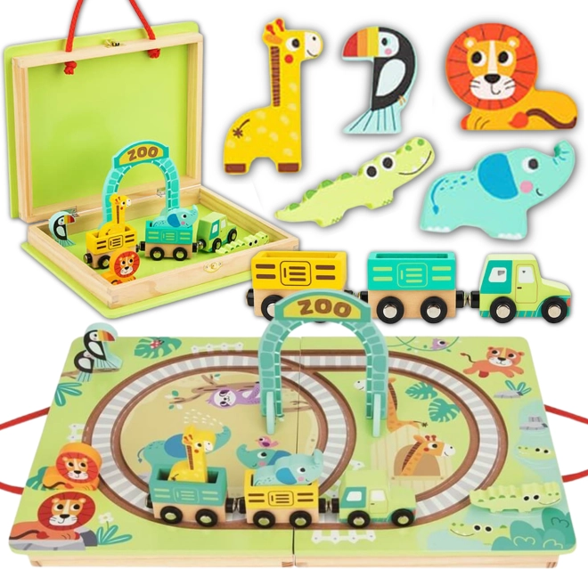 Tooky Toy wooden train set ZOO in a suitcase with magnetic carriages