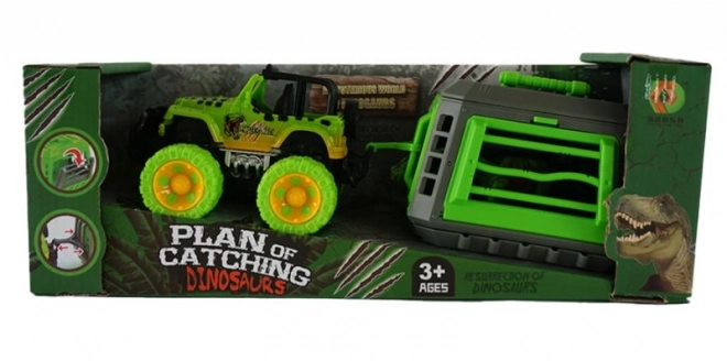 Jeep met trailer en dinosaurus