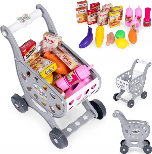 Grauer Kinder-Einkaufswagen für das Spiel im Supermarkt oder in der Küche + 18 Zubehörteile