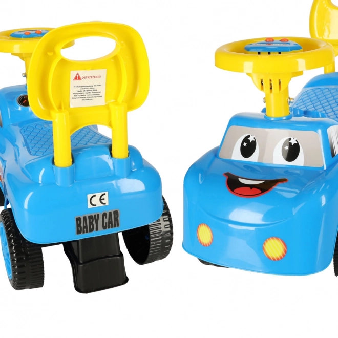 Lachende loopauto met claxon blauw