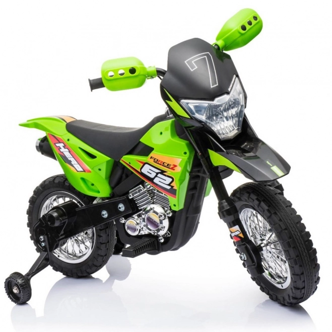 Kinder Elektro-Cross-Motorrad mit Akku – grün, mit Stützrädern und LED-Lichtern