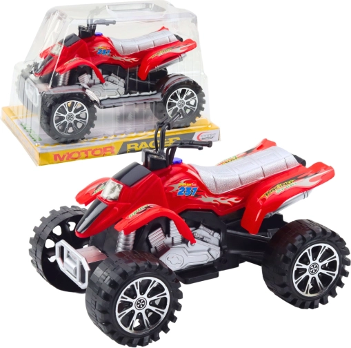 Geländegängiger roter Quad mit Schwungrad und Profilreifen