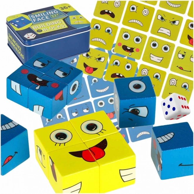 Jeu éducatif d’apprentissage des émotions – cubes en bois dans une boîte métallique