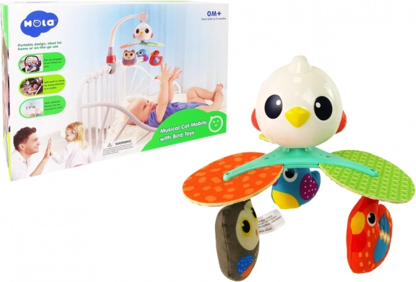 Musical mobile for crib and stroller with colorful birds